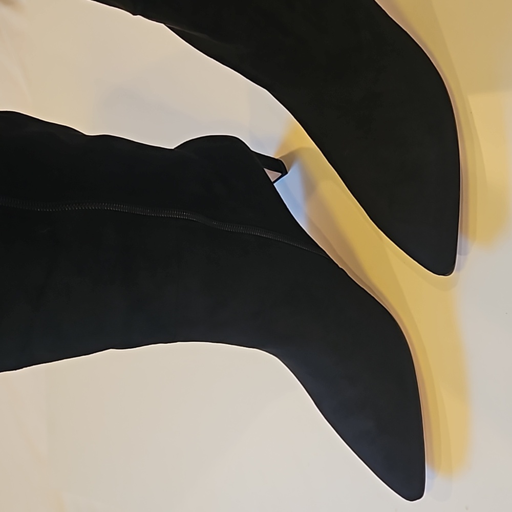 Black Vegan Suede Kitten Heel Wide Calf Boots - Picture 3 of 5